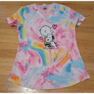 Peanuts Snoopy Women Small Scrub Top Pink Blue White Tye Dye Shirt